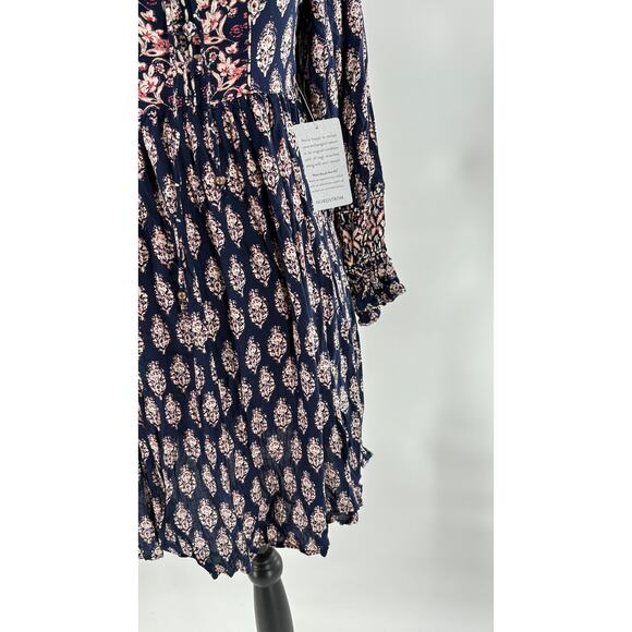 Angie Smocked Boho Floral Dress S NWT Navy Blue Pink Romantic - Picture 4 of 5